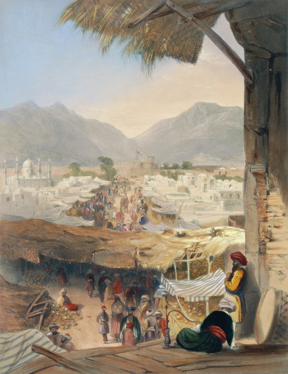 Město Kandahár, jeho hlavní bazar a citadela, převzato z Nakarra Khauneh neboli Royal Band Room, deska 28 z „Scenery, Inhabitants and Costumes of Afghanistan“, vyryl Robert Carrick (c. od James Rattray
