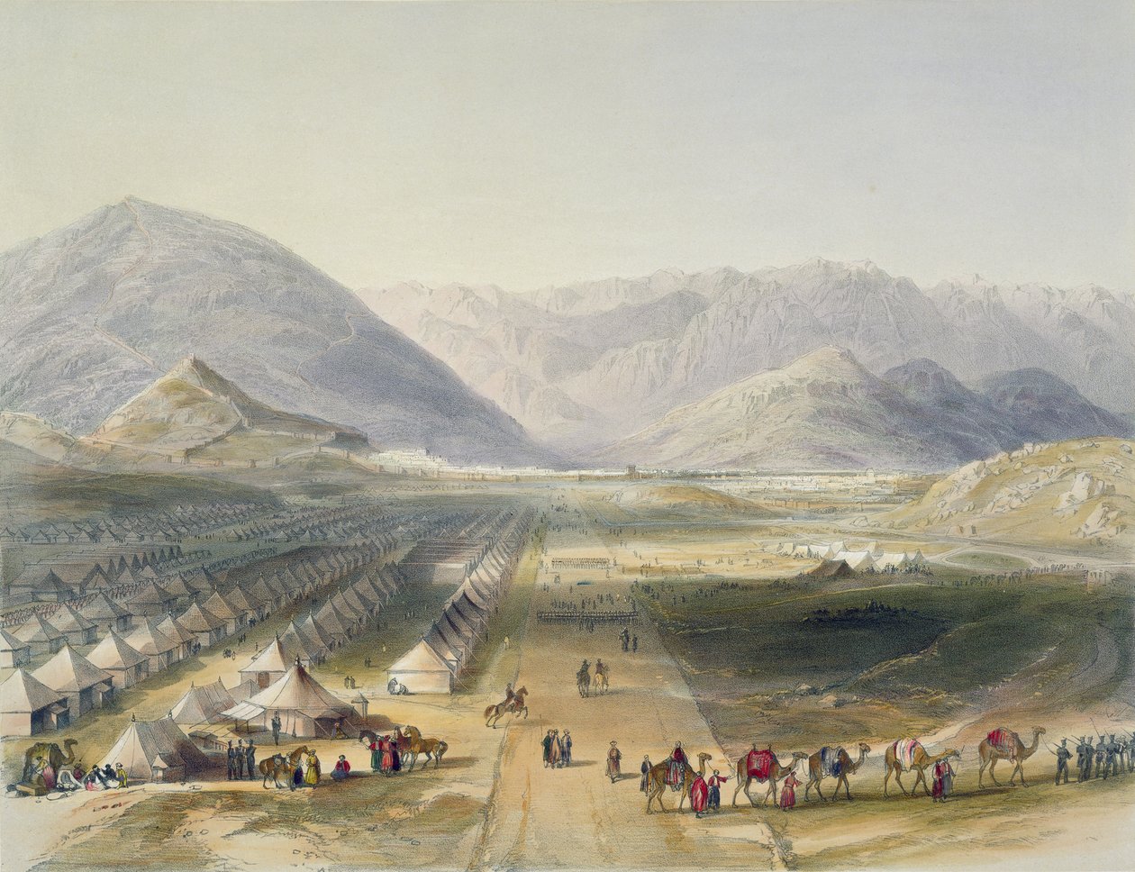 Tábořiště kandahárské armády pod velením generála Notta, mimo hradby Kaubulu, při evakuaci Afghánistánu Brity, deska 5 z „Scenery, obyvatelé a kostýmy Afghánistánu“, engra od James Rattray