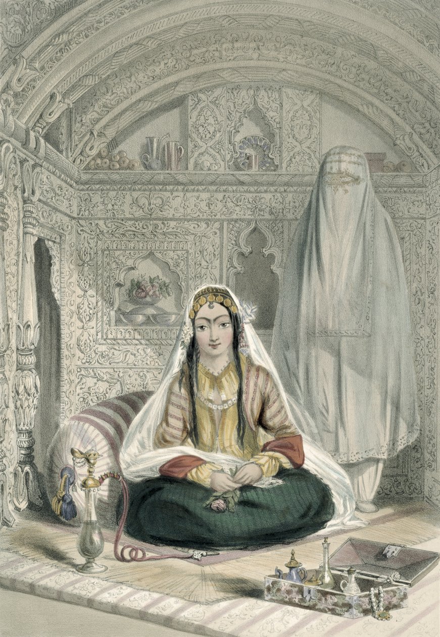 Dámy z Caubulu v kostýmu uvnitř a venku, deska 24 z „Scenery, obyvatelé a kostýmy Afghánistánu“, vyryto Walkerem, 1848 od James Rattray