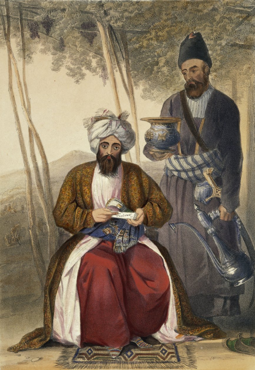 Mahommed Naib Shurreef, slavný kuzzilbachský náčelník Caubulu a jeho Peshkhidmut neboli hlavní hlídač, deska 15 z „Scenery, Inhabitants and Costumes of Afghanistan“, vyryl Robert Carrick (c.1 od James Rattray