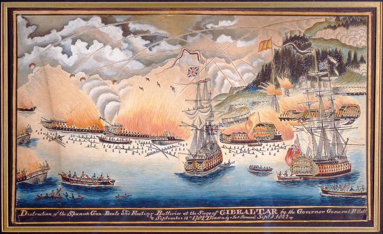 Zničení španělských dělových člunů a plovoucích baterií při obléhání Gibraltaru generálním guvernérem Eliottem, 13. září 1782, 1822 (perem a čb) od James Rosewall