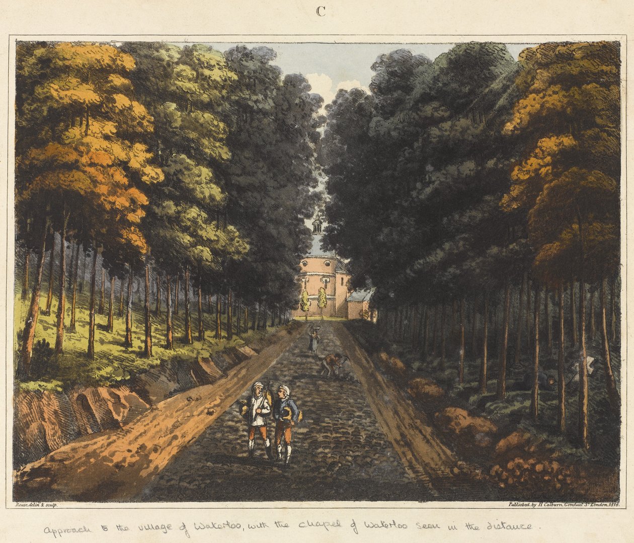 Přístup k vesnici Waterloo, s kaplí Waterloo viděnou v dálce, z „Historické zprávy o bitvě u Waterloo“, 1817 (barevná akvatinta) od James Rouse