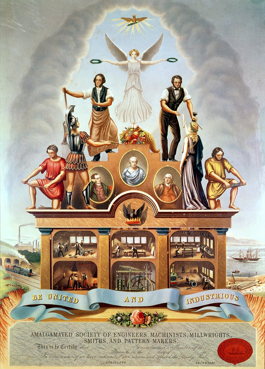 Obchodní znak Amalgamated Society of Engineers, Machineists, Millwrights, Smiths and Pattern Makers, vyrytý Georgem Greatbachem, 1852 od James Sharples