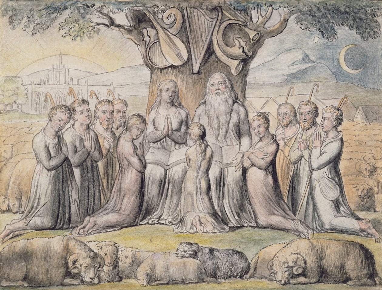 Ilustrace z Knihy Job, pl.2 (strana 1): Job a jeho rodina podle Williama Blakea (1757-1827) (pero a inkoust a wc) od James Thomas Linnell