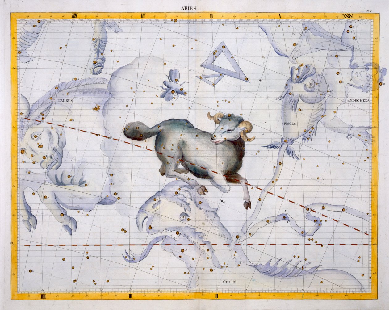 Constellation of Aries, deska 4 z „Atlas Coelestis“, od Johna Flamsteeda (1646-1710), vydané v roce 1729 (ručně kolorovaná rytina) od James Thornhill
