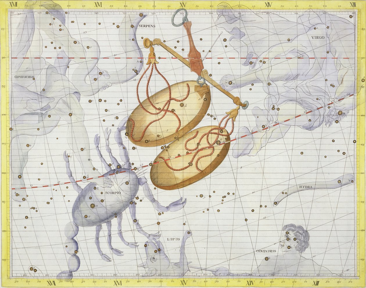 Souhvězdí Vah, deska 7 z knihy "Atlas Coelestis" od Johna Flamsteeda (1646-1710), vydané v roce 1729 (ručně kolorovaná rytina) od James Thornhill