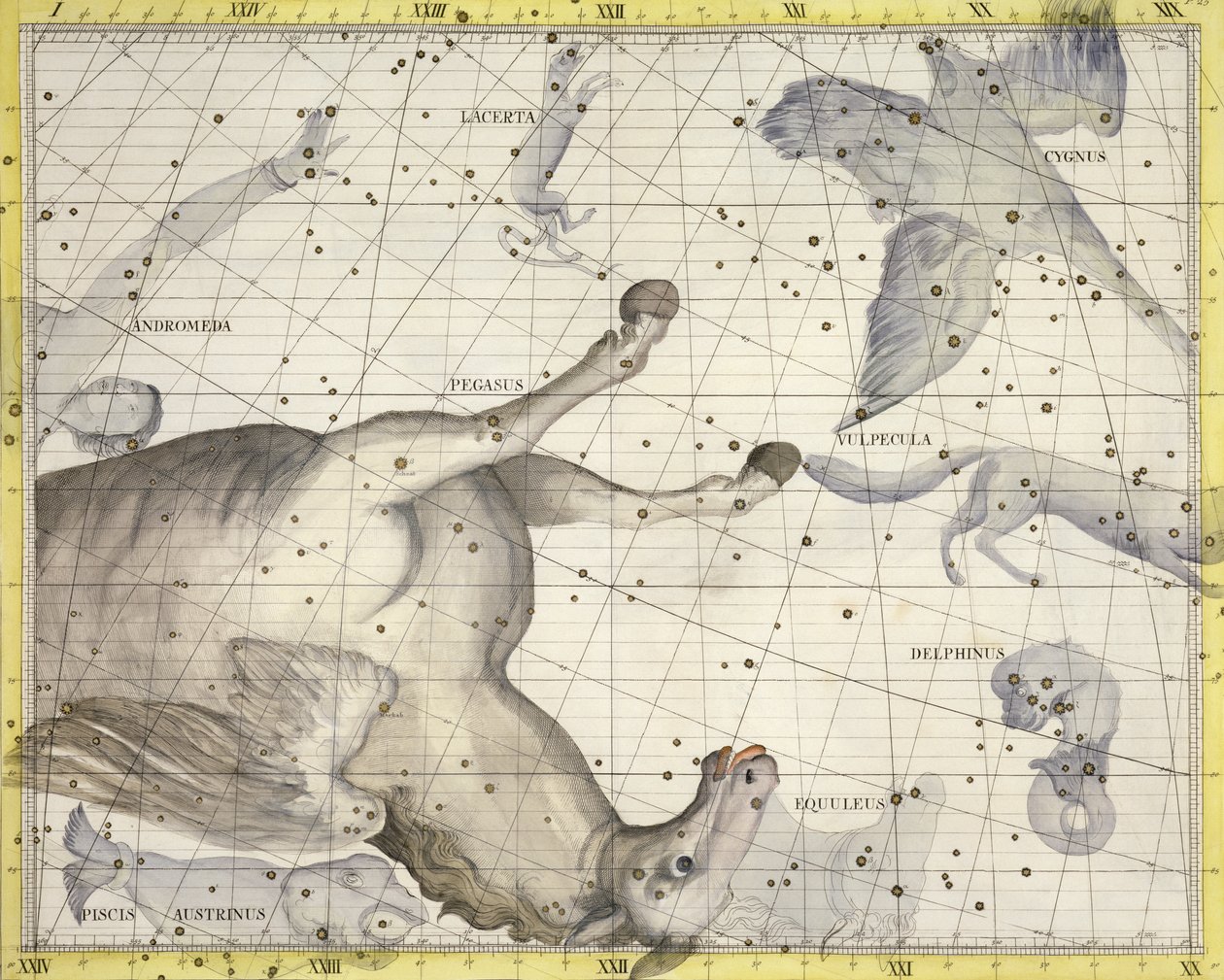 Constellation of Pegasus, deska 25 z „Atlas Coelestis“, od Johna Flamsteeda (1646-1710), vydané v roce 1729 (ručně kolorovaná rytina) od James Thornhill