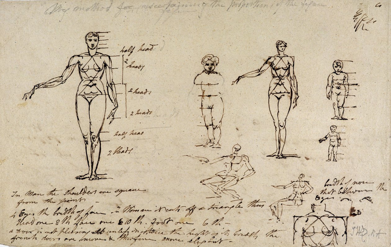 Studie anatomie s měřením a psaním (pero a hnědý inkoust na papíře) od James Ward