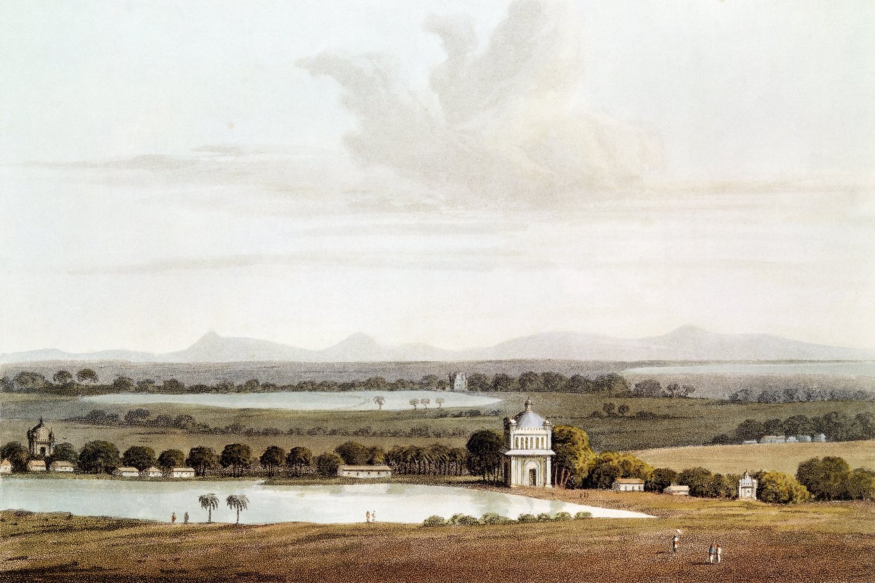 Druhý pohled při pohledu na sever z pagody u Conjeveramu, z „Journal of a Voyage in 1811 and 1812 to Madras and China“, vyrytý J. Clarkem, vydáno 1814 (akvatinta a lept) od James Wathen