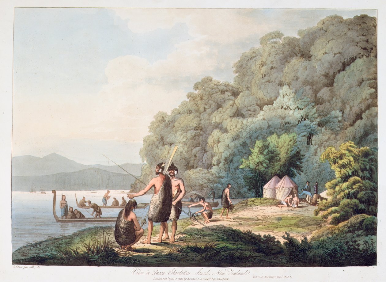Pohled na Queen Charlottes Sound na Novém Zélandu z knihy Pohledy do jižních moří, 1809 (ručně kolorovaná akvatinta) od James Webber