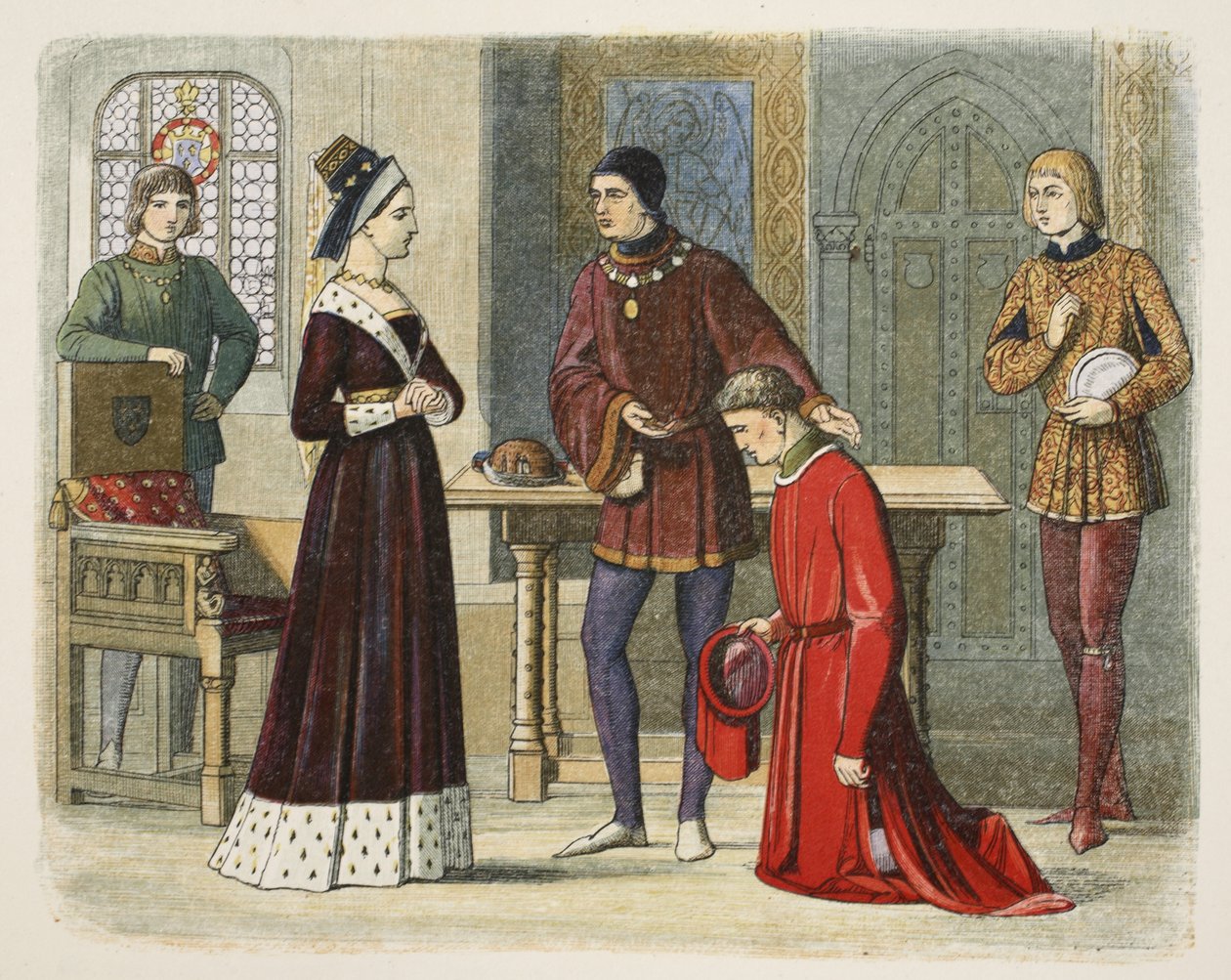 Hrabě z Warwicku se podrobuje královně Margaret, 1470, od A Chronicle of England BC 55 do AD 1485, pub. Londýn, 1863 od James William Edmund Doyle