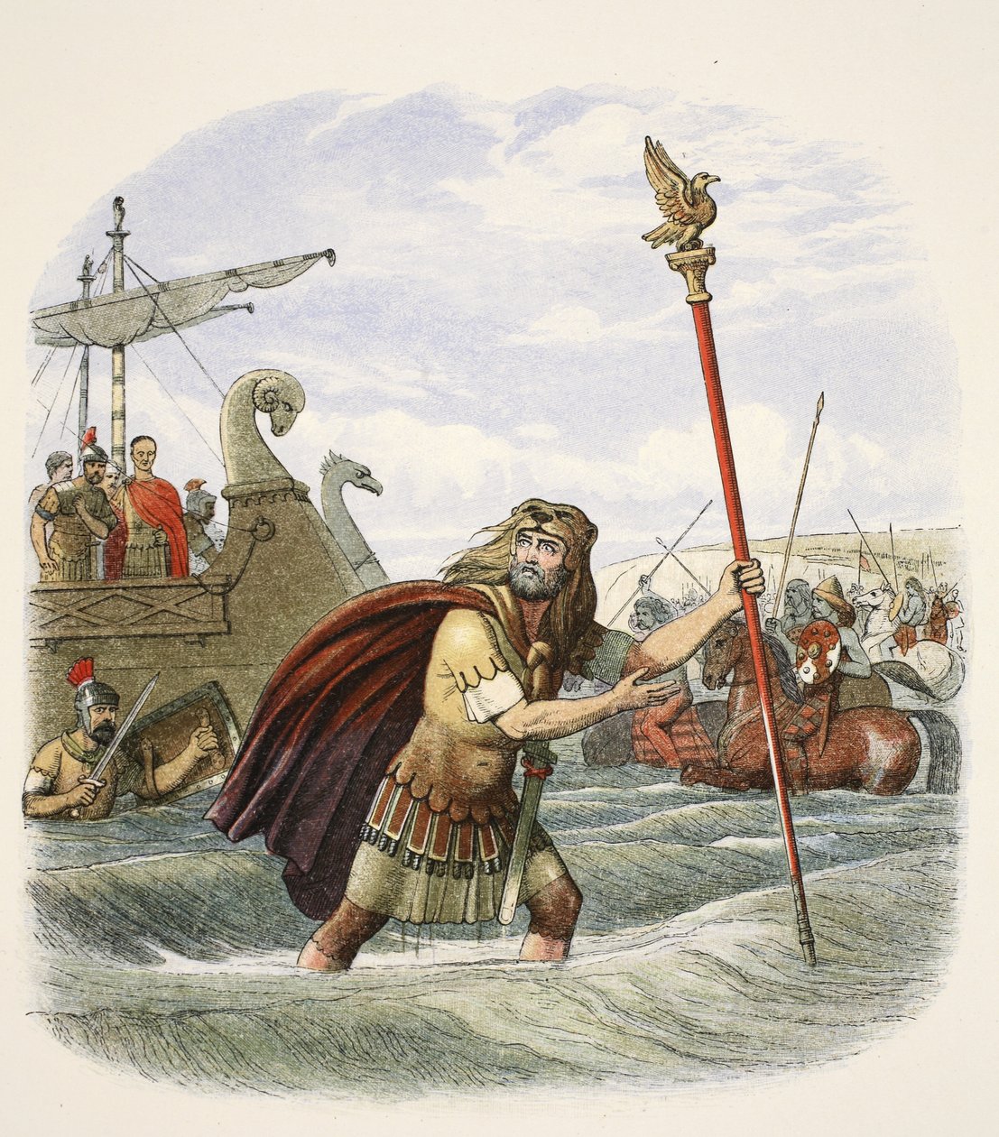 Římský vlajkonoš vylodění desáté legie v Británii, 55 př. n. l., od A Chronicle of England BC 55 do AD 1485, hospoda. Londýn, 1863 od James William Edmund Doyle