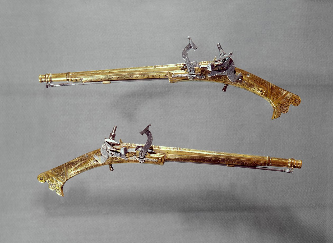 Pár pistolí, 1624-26 (mosaz a ocel) od James Fellowes