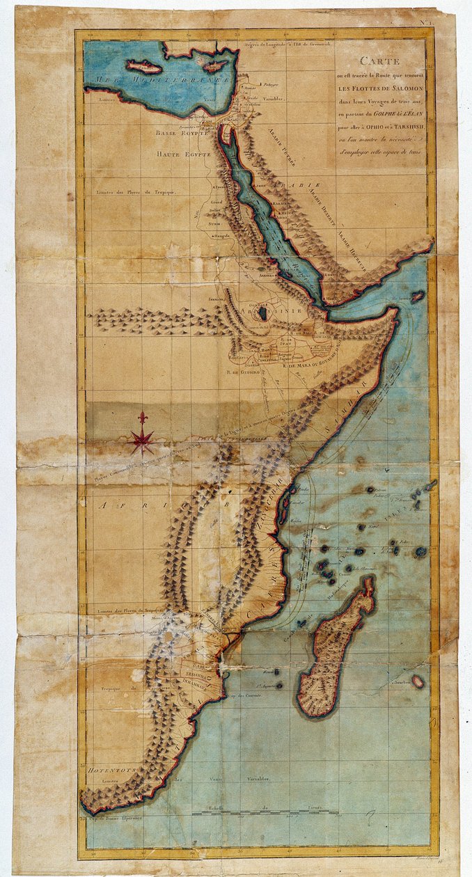 Mapa východní Afriky (mapa trasy, kterou se vydaly šalamounské flotily) - v „“ Cesta do Núbie a Habeše podniknuté k objevení pramenů Nilu v letech 1768 až 1772“ od Jamese Bruce, Paříž od James Bruce