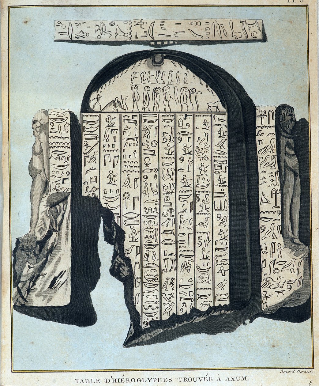 Tabulka hieroglyfů nalezených v Axoumu (Aksoum) - v „“ Cesta v Núbii a Habeši podniknuté k objevení zdrojů Nilu v letech 1768 až 1772“, od Jamese Bruce, díl 1, Paříž od James Bruce