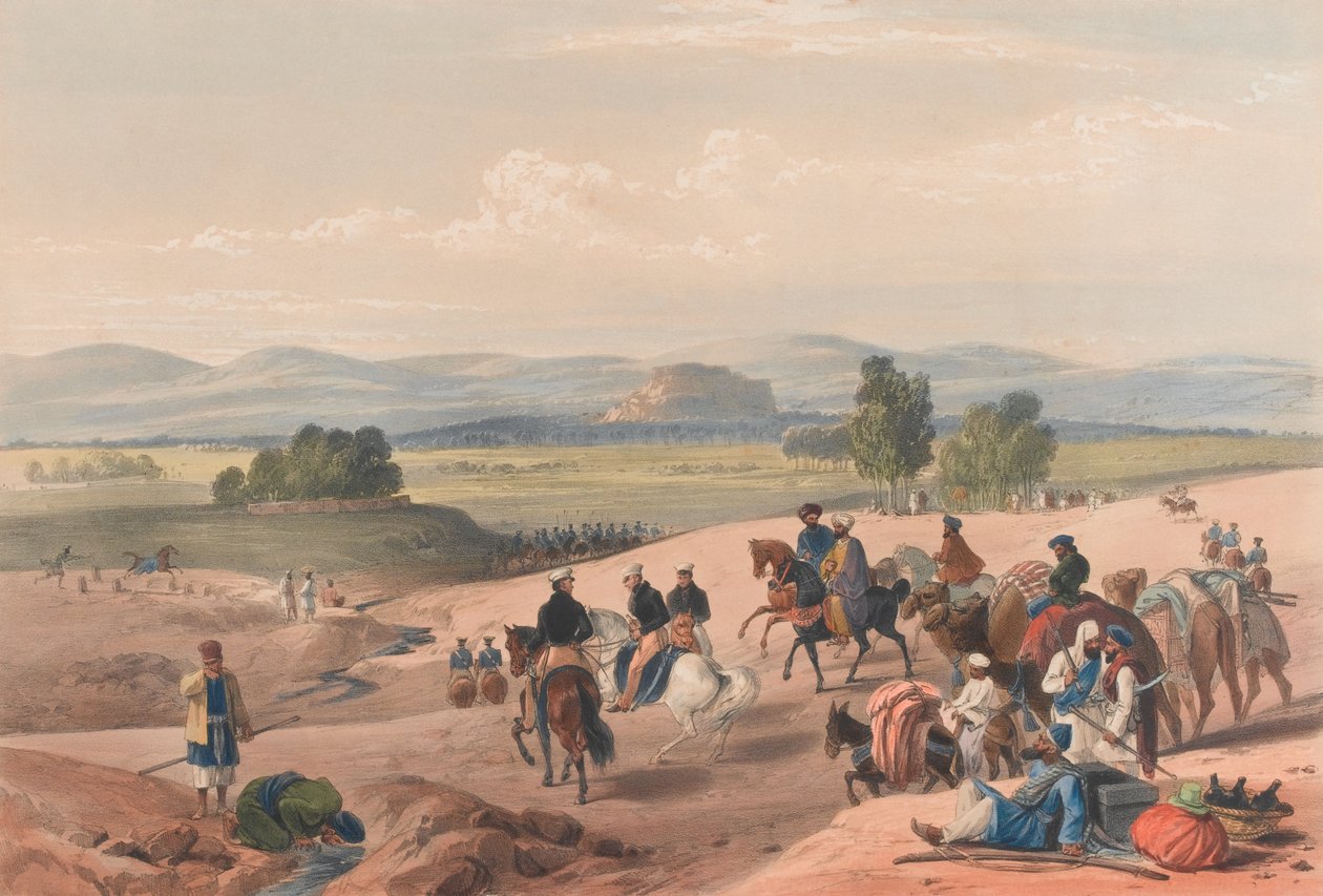 „Přístup k pevnosti Kwettah [sic]“, kolem roku 1839 (litografie, tónovaná) od James (after) Atkinson