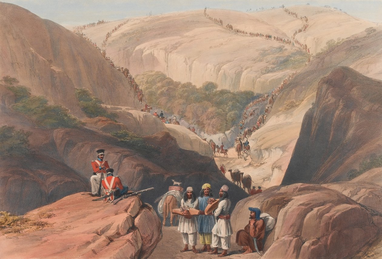 „První sestup přes průsmyk Koojah [sic] Pass“, kolem roku 1839 (litografie, tónovaná) od James (after) Atkinson