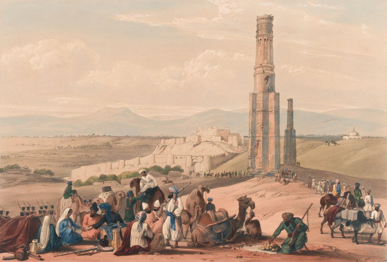Pevnost a citadal Ghuznee [sic] a dva minary, kolem roku 1839 (litografie, tónovaná) od James (after) Atkinson