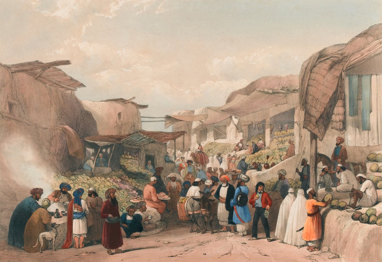 „Hlavní ulice v bazaru v Caubulu v období ovoce“, kolem roku 1839 (litografie, tónovaná) od James (after) Atkinson