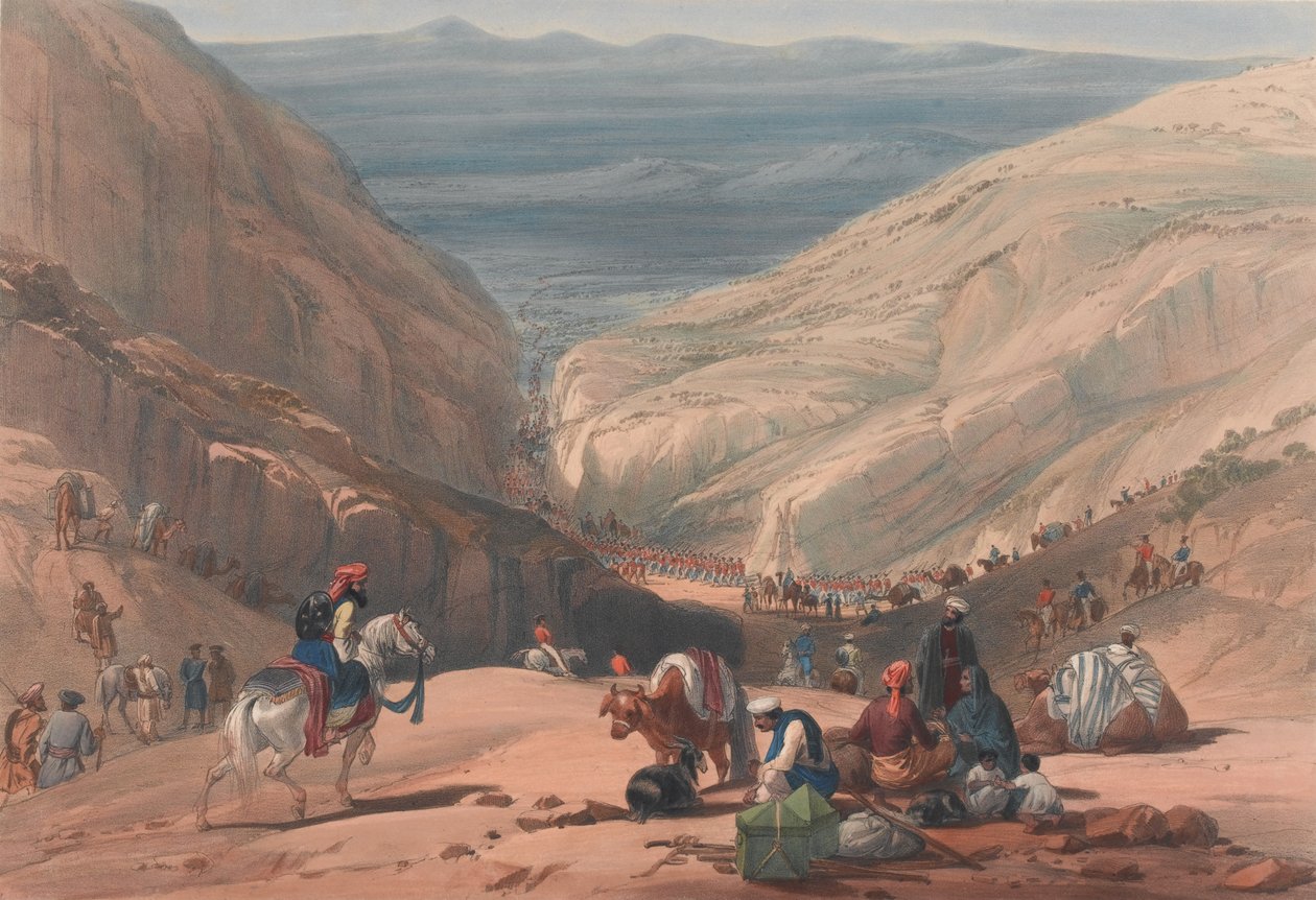 „Druhý sestup přes průsmyk Koojah [sic] Pass“, kolem roku 1839 (litografie, tónovaná) od James (after) Atkinson