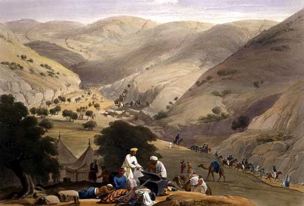 Třetí sestup průsmyku Koojah, z „Sketches in Afghaunistan“, vyrytý Charlesem Haghem (1810-88) a Louisem Haghem (1806-85), vydal Henry Graves od James (after) Atkinson