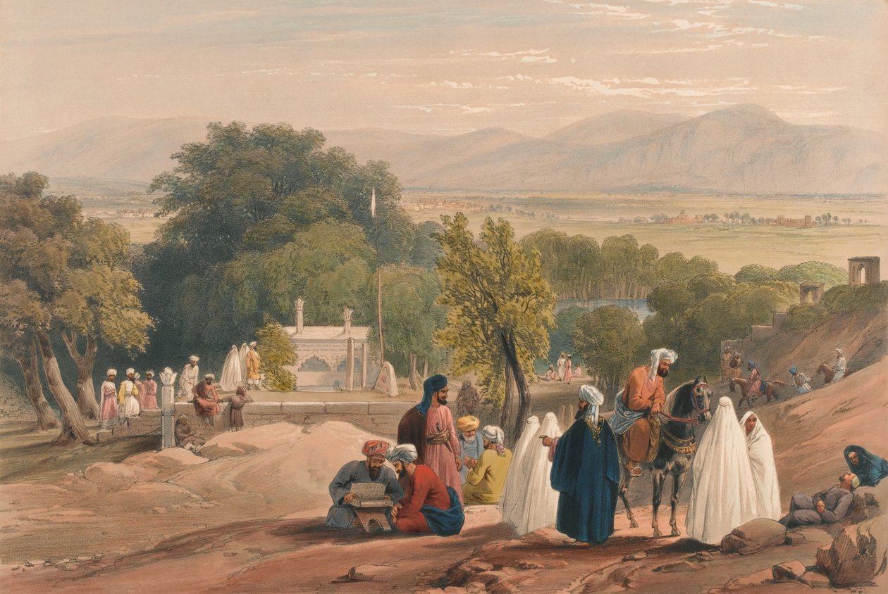 „Hrobka císaře Babera [sic]“, kolem roku 1840 (litografie, tónovaná) od James (after) Atkinson