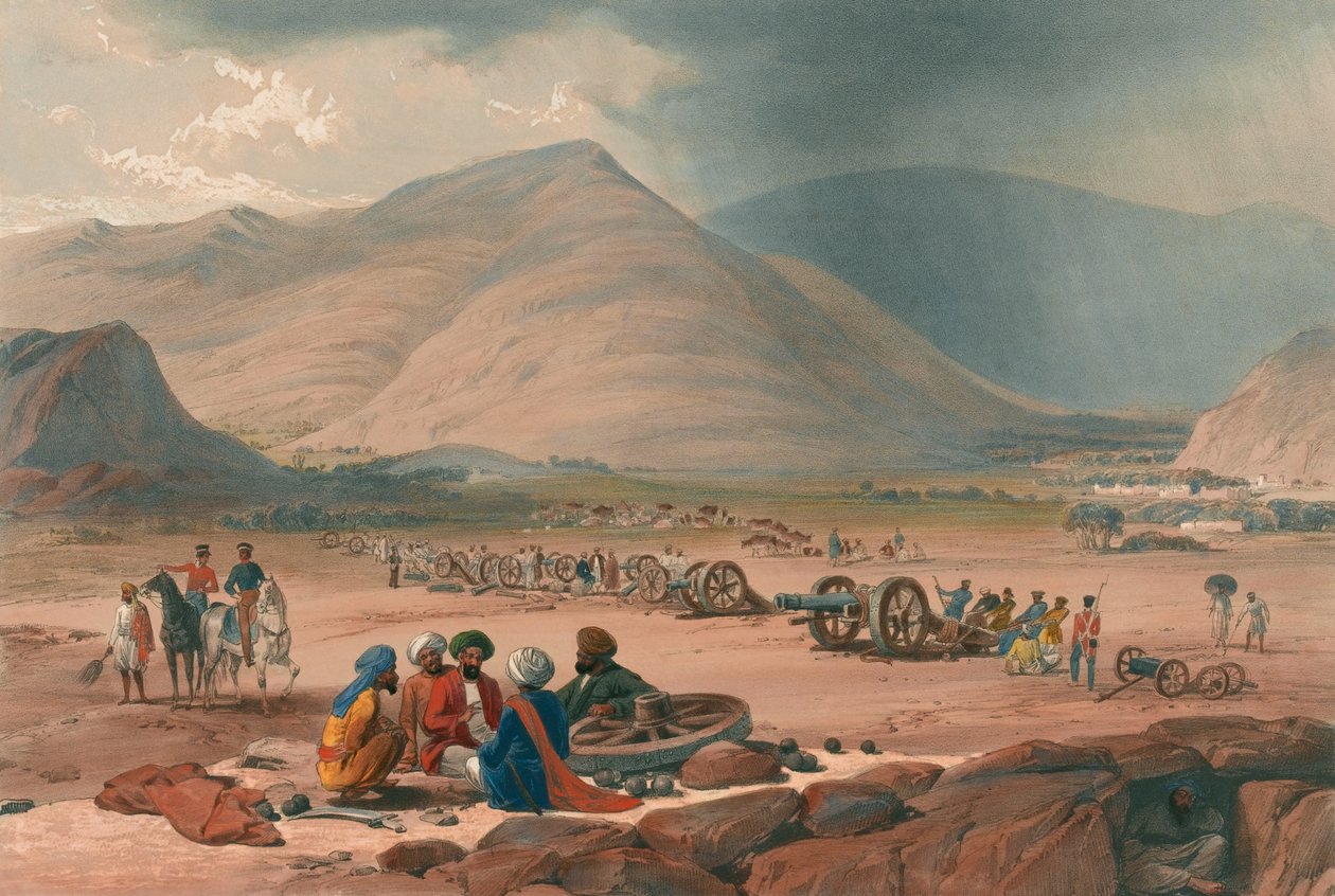 „Vesnice Urghundee“, kolem roku 1839 (litografie, tónovaná) od James (after) Atkinson