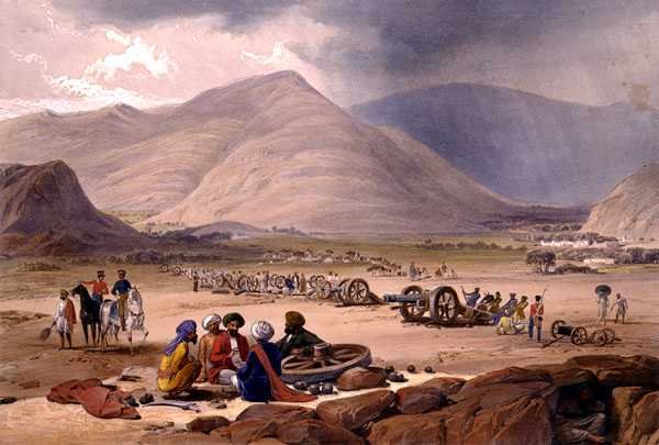 Vesnice Urghundee z knihy "Sketches in Afghaunistan", kterou vyryli Charles Haghe (1810-88) a Louis Haghe (1806-85) a vydalo nakladatelství Henry Graves od James (after) Atkinson