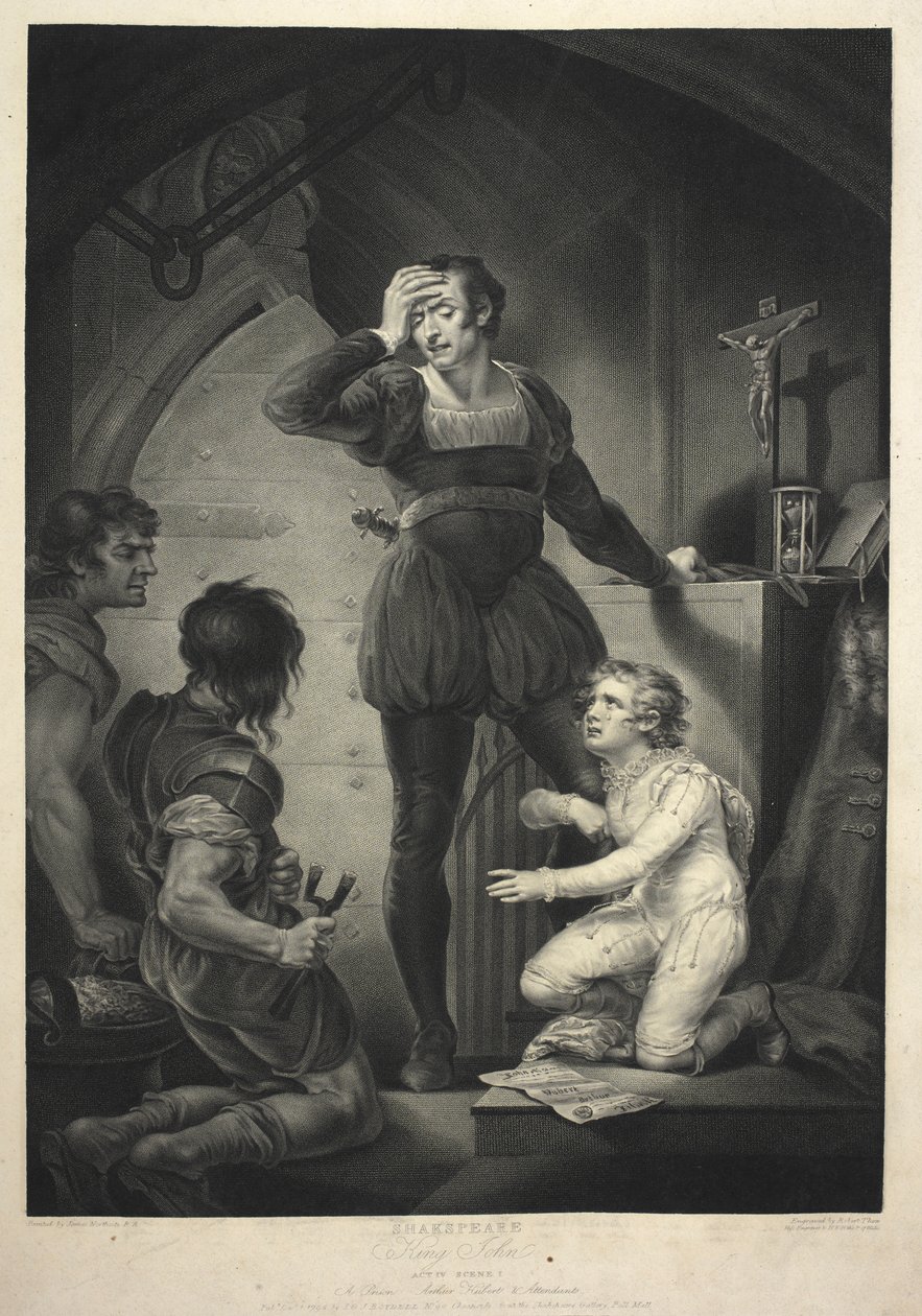 Král Jan. IV. dějství, scéna I - Hubert s Artušem ve vězení od James (after) Northcote