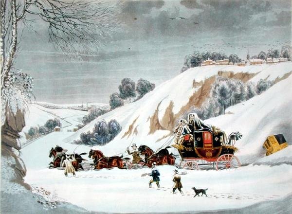 A Mail in Deep Snow, vyrytý George Huntem (barevně lito) od James (after) Pollard