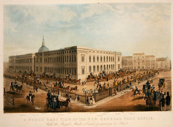 Severovýchodní pohled na New General Post Office (vyryl H. Pyall) (akvatinta na papíře) od James (after) Pollard