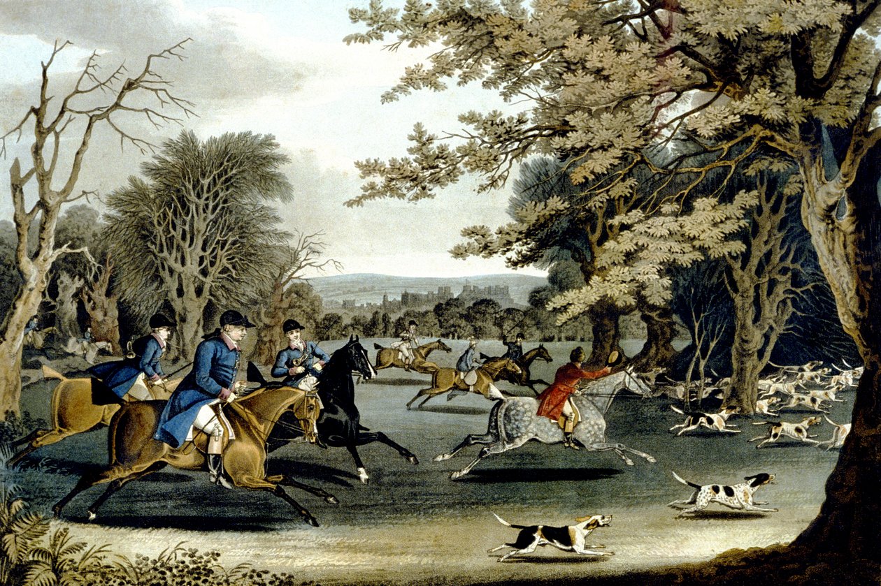 Royal Hunt in Windsor Park, vyrytý Matthew Dubourg (fl.1813-20) 1829 (barevně lito) od James (after) Pollard