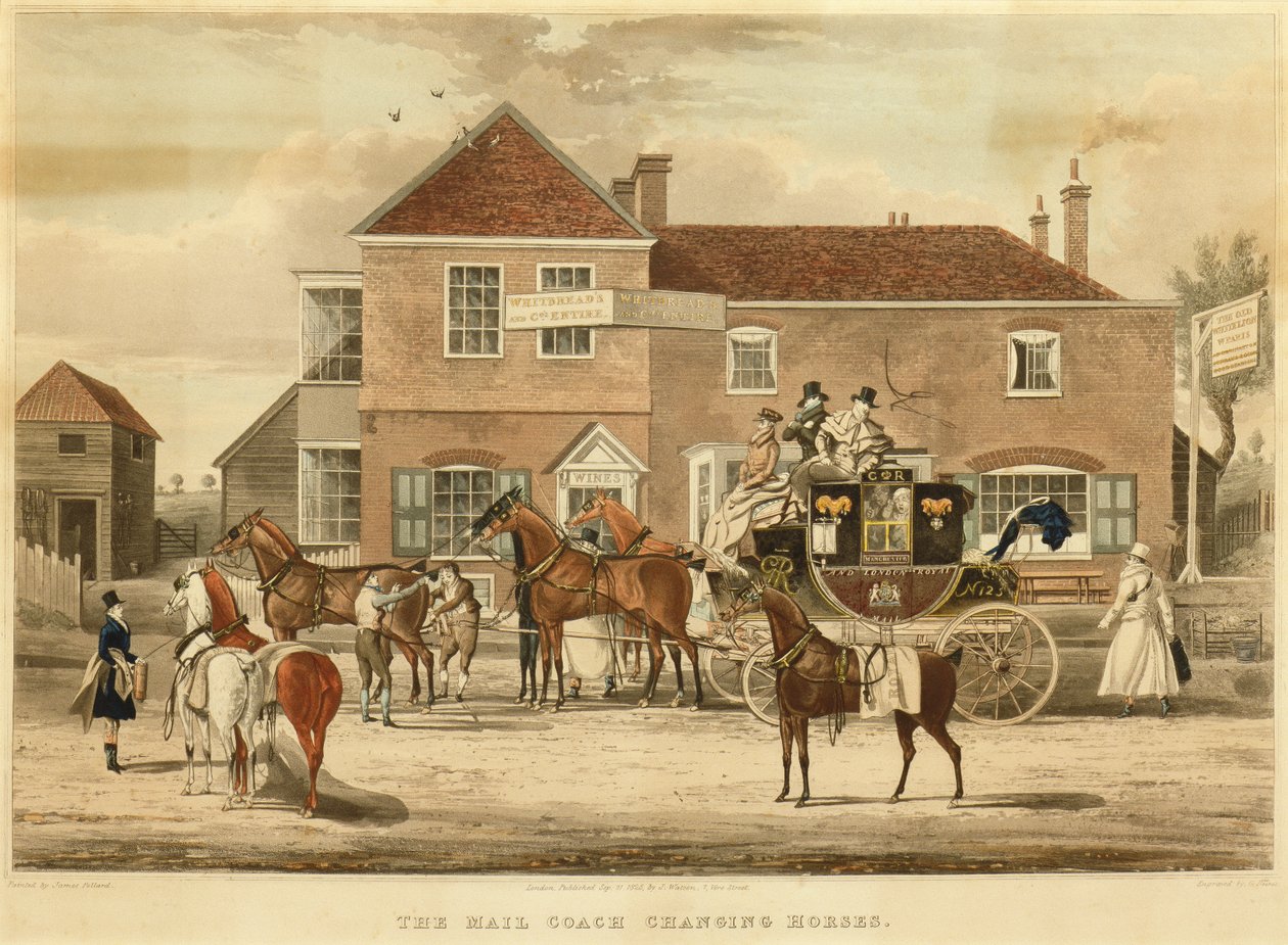 The Mail Coach Changing Horses, c.1825 (rytina) od James (after) Pollard