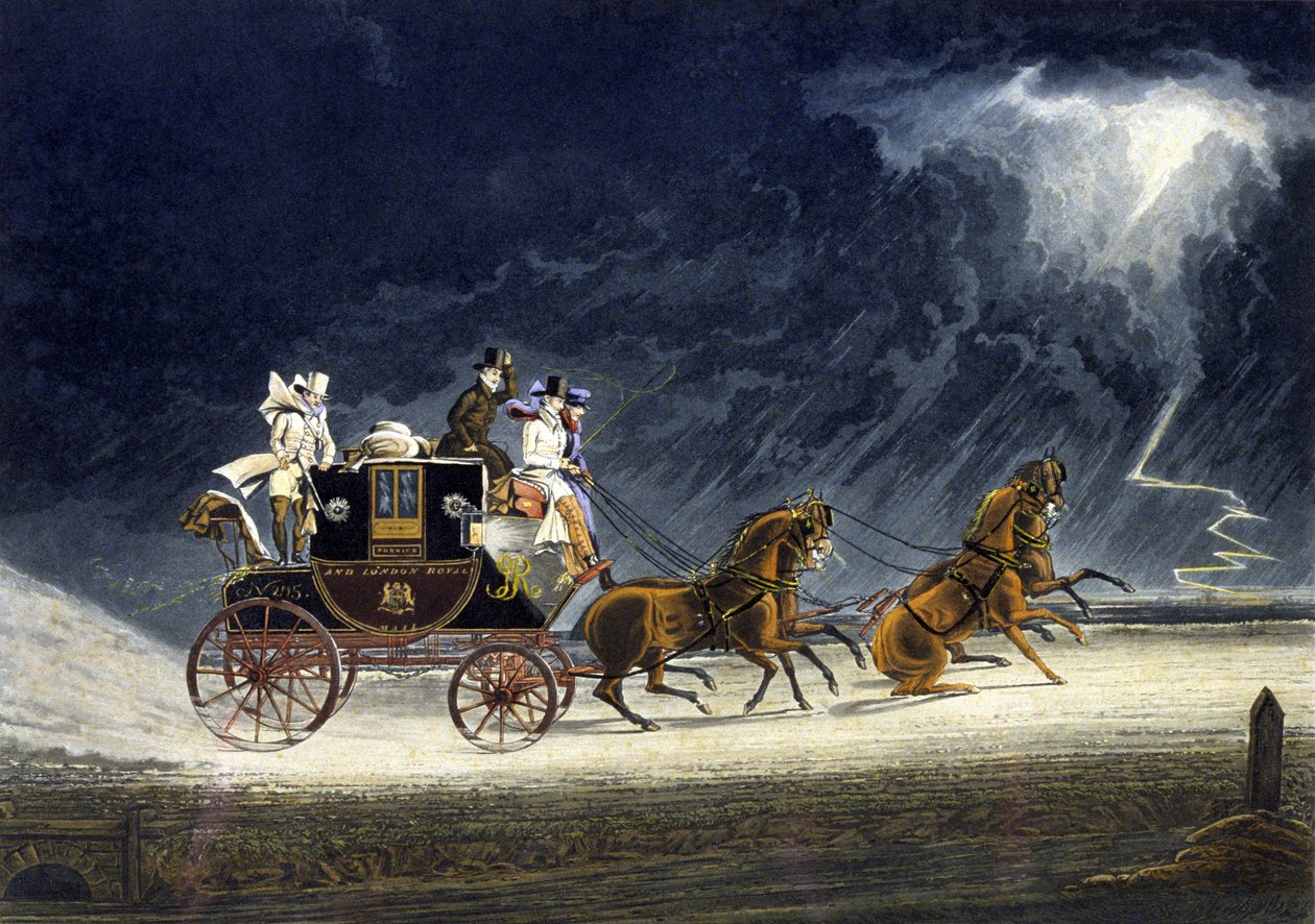 The Mail Coach in a Thunderstorm, vyrytý R.G. Rychtář od James (after) Pollard