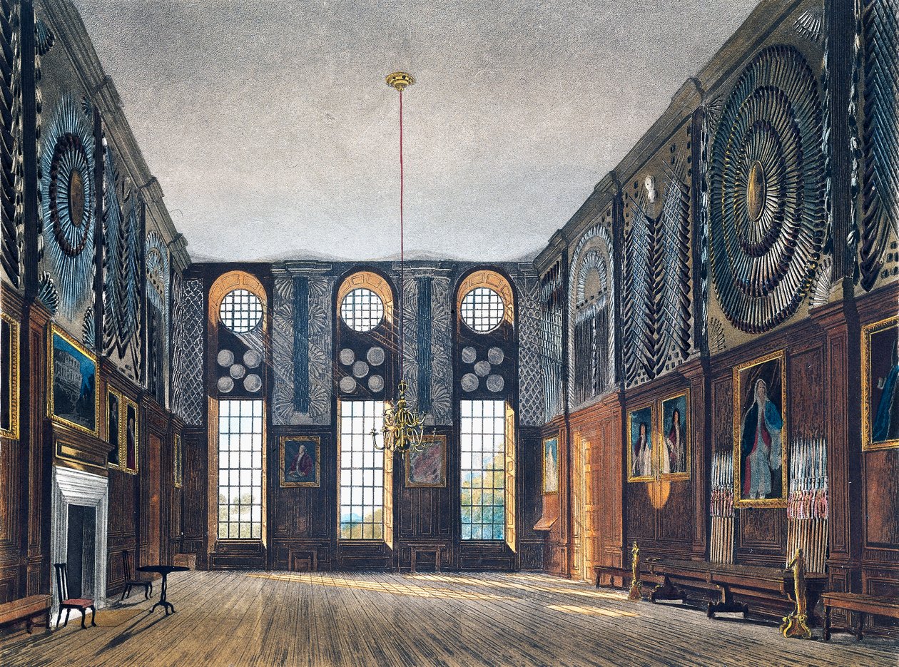 Strážní komora, rytina Richarda Reevea (narozen v roce 1780), podle návrhu Jamese Stephanoffa (asi 1788-1874), z historie královských sídel od James (after) Stephanoff