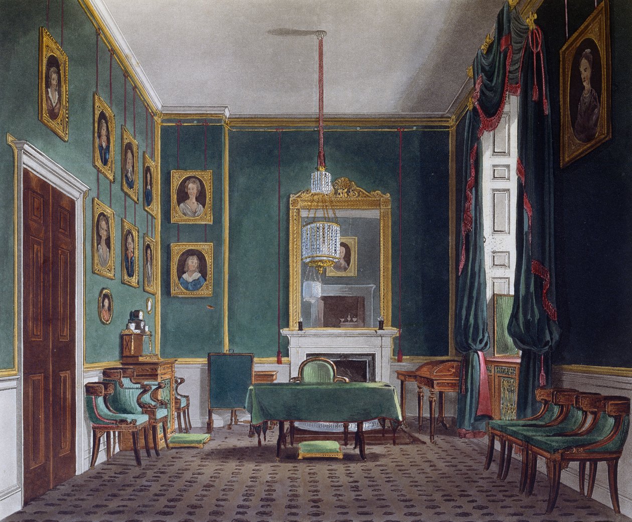 Zelená stahovací místnost, rytina Daniela Havella (1785-1826), podle návrhu Jamese Stephanoffa (asi 1788-1874), Z historie královských sídel od James (after) Stephanoff