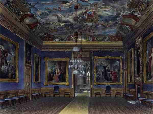 Královský salón, zámek Windsor, z knihy "Royal Residences", vyryl Thomas Sutherland (nar. 1785), vydal William Henry Pyne (1769-1843) od James (after) Stephanoff