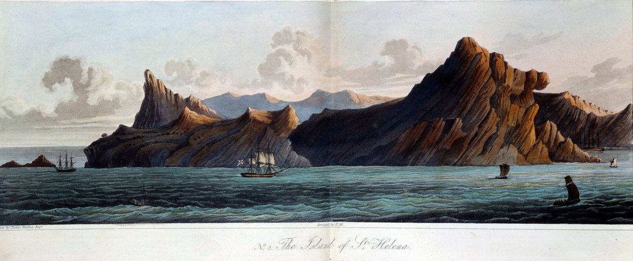 Pohled na ostrov Sainte Helene (Sainte-Helene) v 19. století. Akvarel od Jamese Wathena († 1828) Paříž, Musee de l