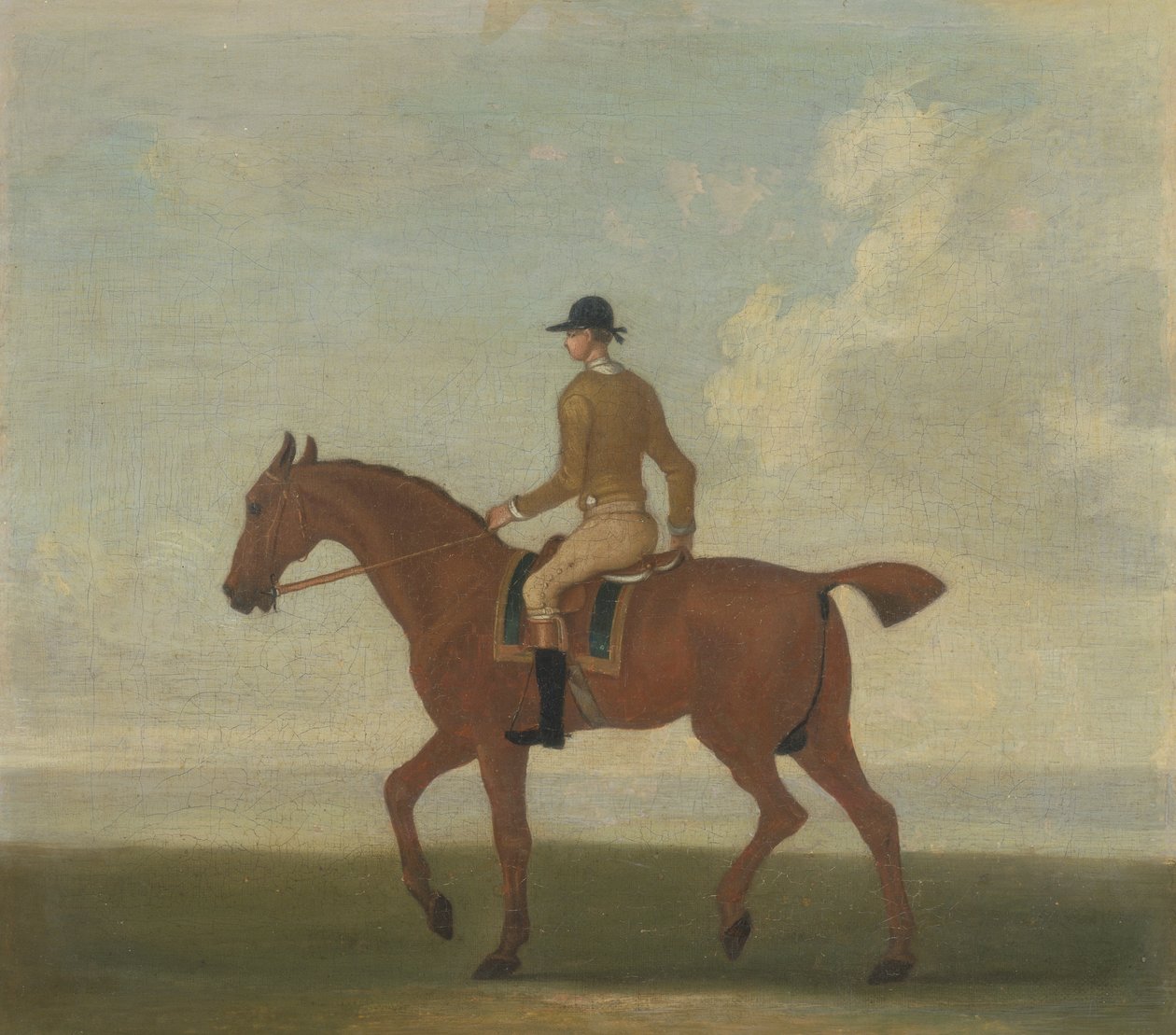 Kaštanový dostihový kůň se vzpínajícím se žokejem, asi 1730 (olej na plátně) od James (attr.) Seymour