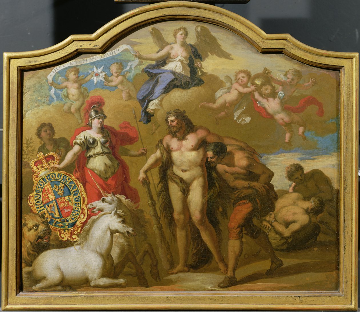 Alegorie moci Velké Británie po zemi, návrh dekorativního panelu pro slavnostní kočár Jiřího I., kolem roku 1718 (olej na panelu) od James (attr. to) Thornhill