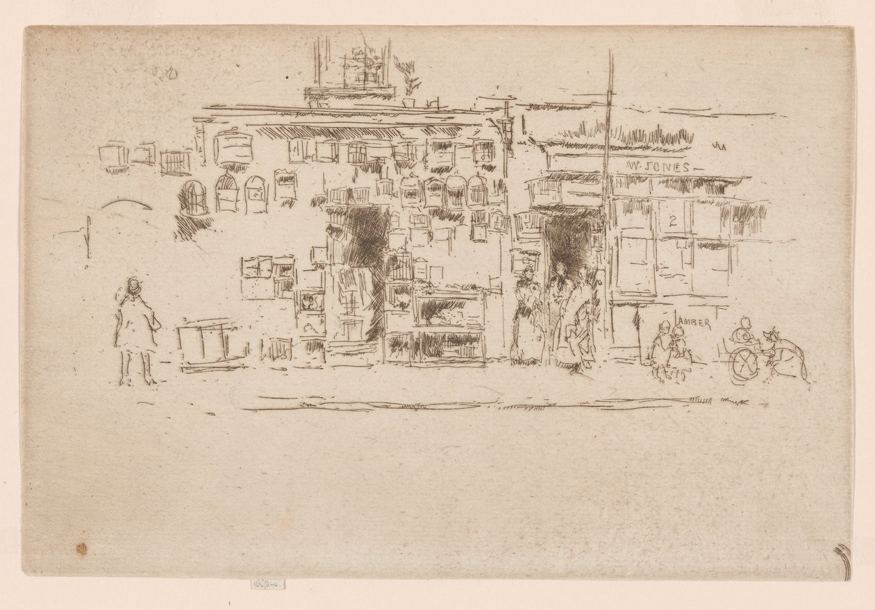 Ptačí klece, Chelsea, asi 1886-88 (lept; tuš na papíře) od James Abbott McNeill Whistler