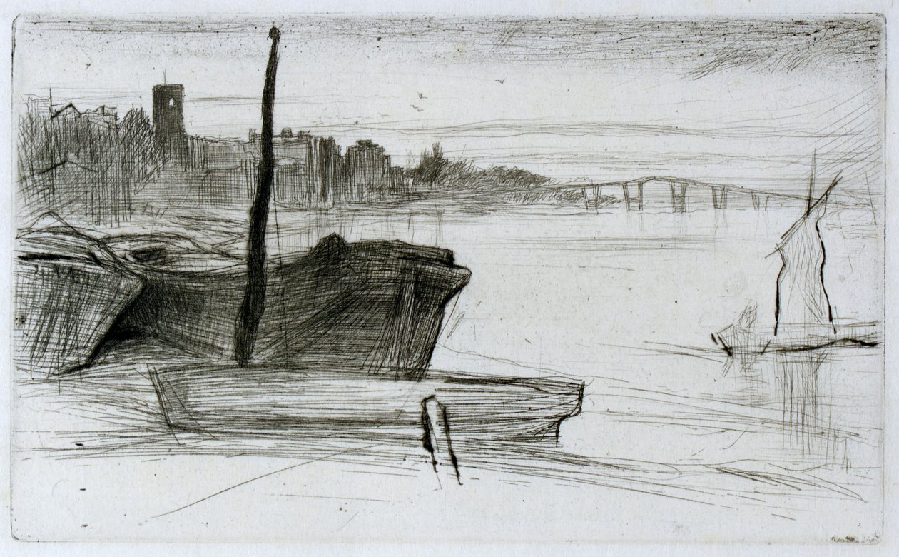 Chelsea Bridge a kostel od James Abbott McNeill Whistler