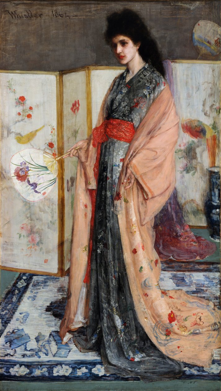 ""Princezna ze země porcelánu"" (Rose and Silver: The Princess from the Land of Porcelain) Mladá žena oblečená v japonském stylu v kimonu, za ní japonské plátno (Japonisme) Obraz James Abbott McNeill Whistler ( 1834- 1903) 1864 Volnější od James Abbott McNeill Whistler