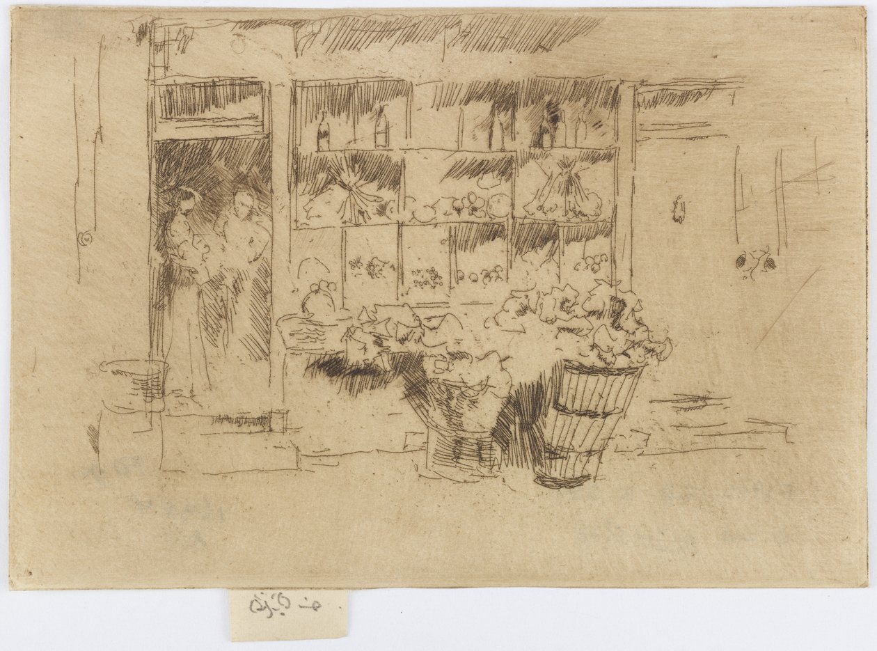 Malý obchod se zeleninou, Chelsea, asi 1884-86 (lept; tuš na papíře) od James Abbott McNeill Whistler