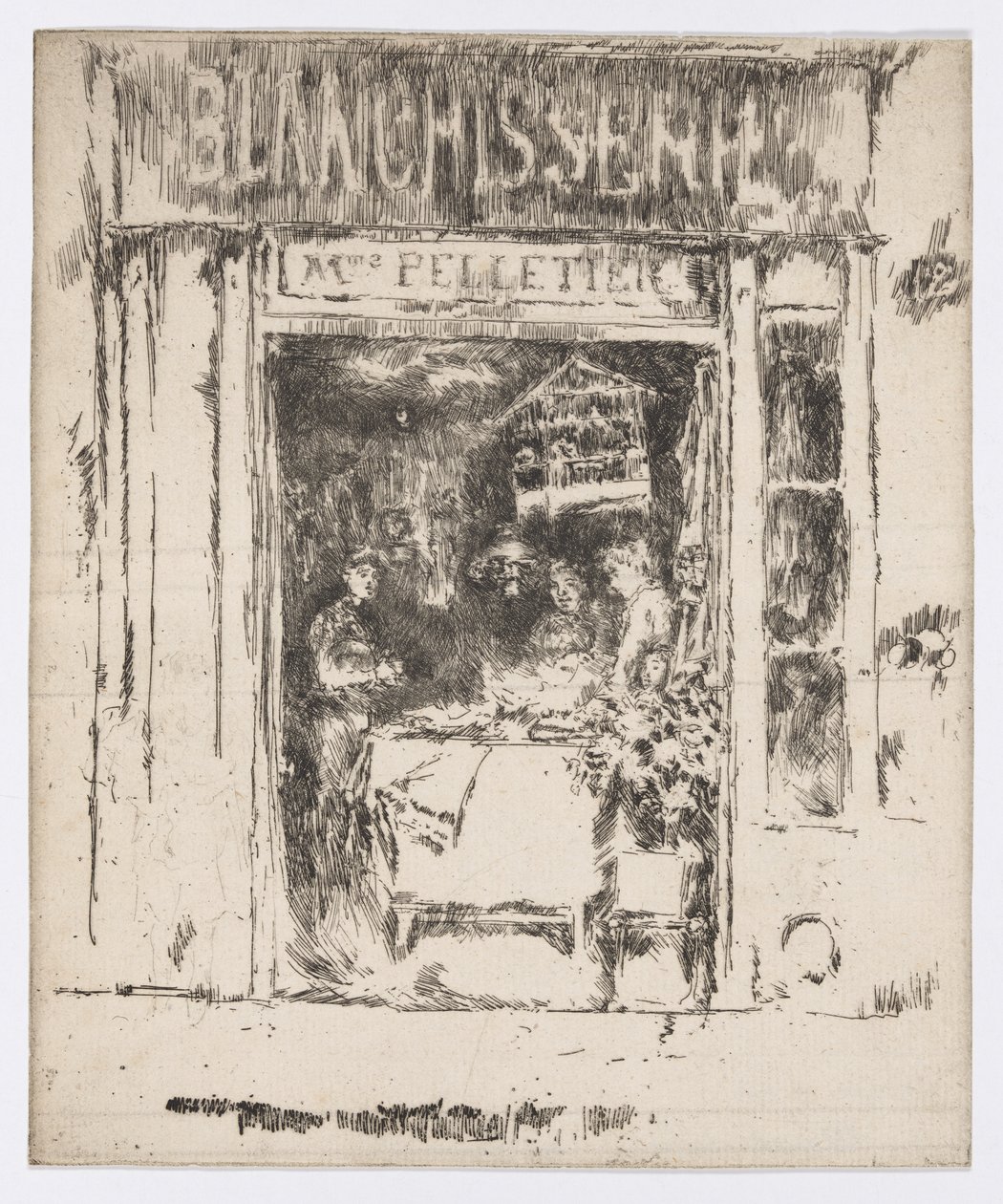 Mme Pelletier, Blanchisserie, Paříž, asi 1892-93 (lept; tuš na papíře) od James Abbott McNeill Whistler