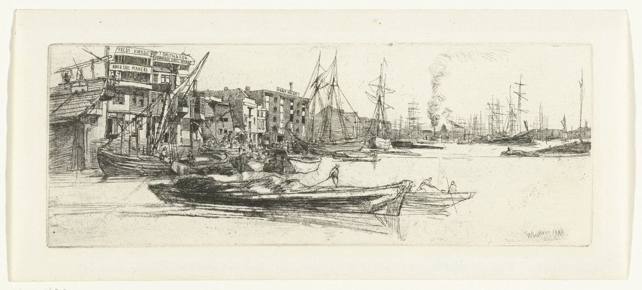 Pakhuizen aan de Theems Temžské sklady Šestnáct leptů scén na Temži a dalších témat (název série) od James Abbott McNeill Whistler