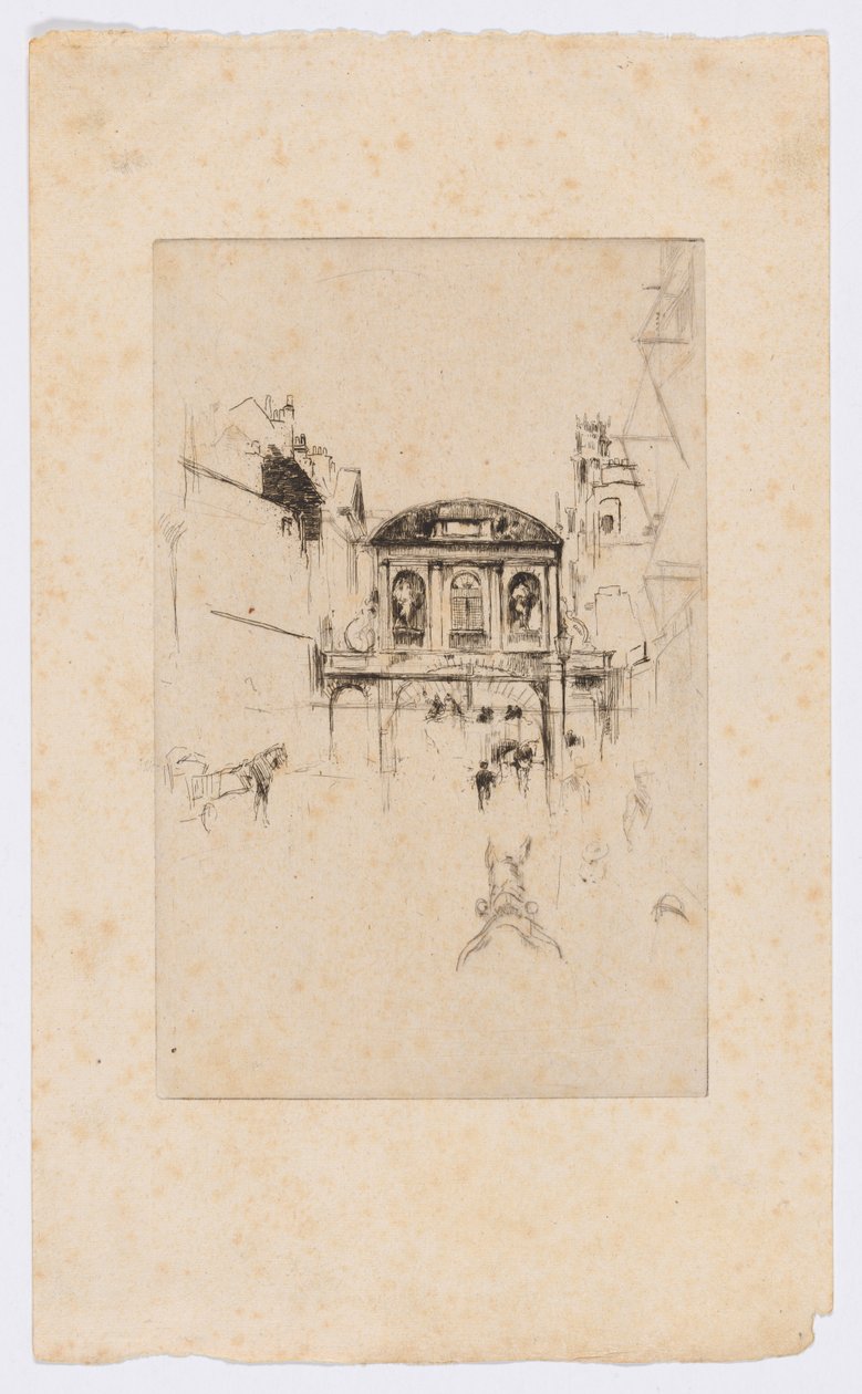 Temple Bar, asi 1877 (lept a suchá jehla; tuš na papíře) od James Abbott McNeill Whistler