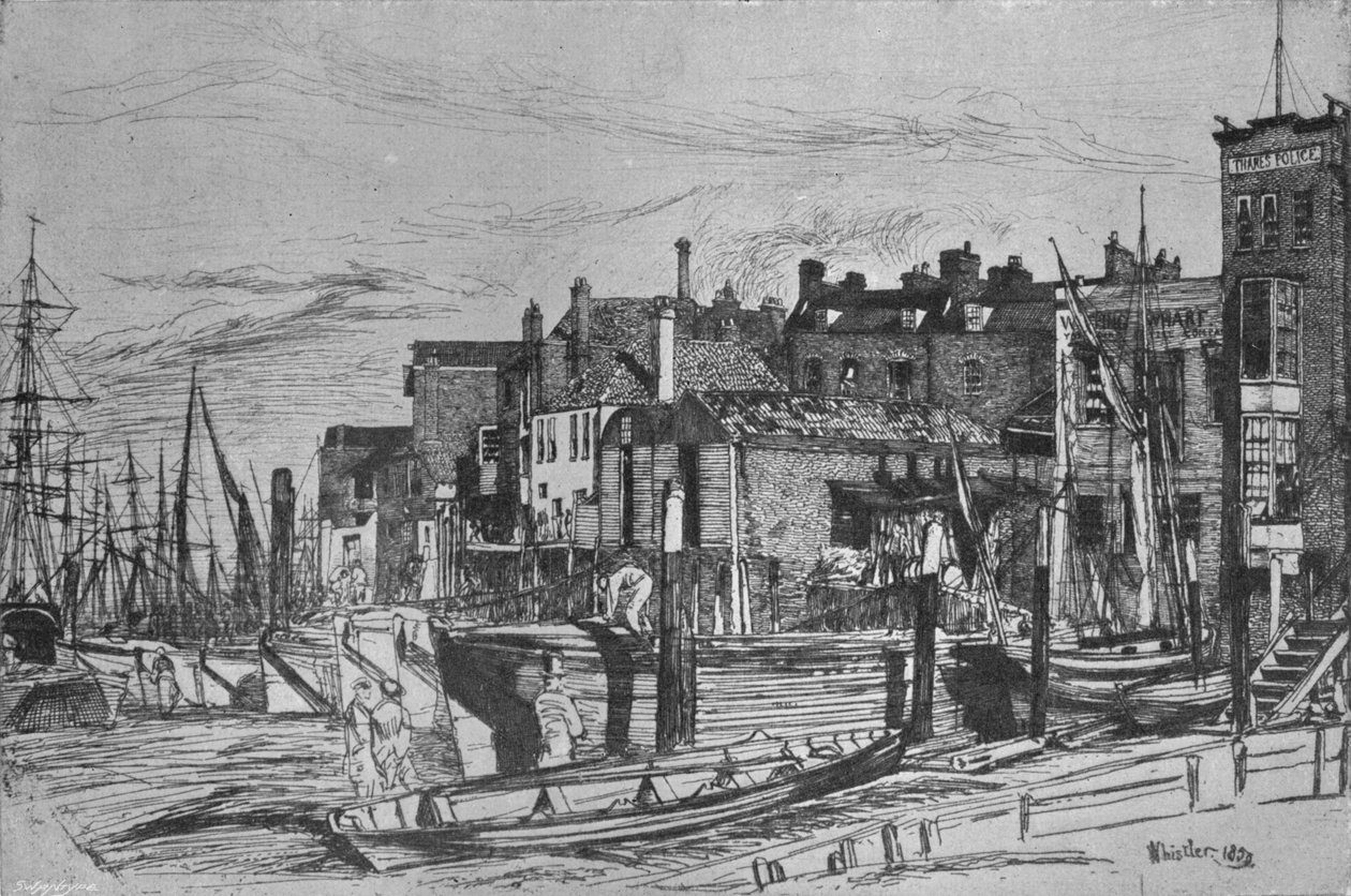 Temžská policie dříve nazývaná Wapping Wharf, 1859, 1903 od James Abbott McNeill Whistler