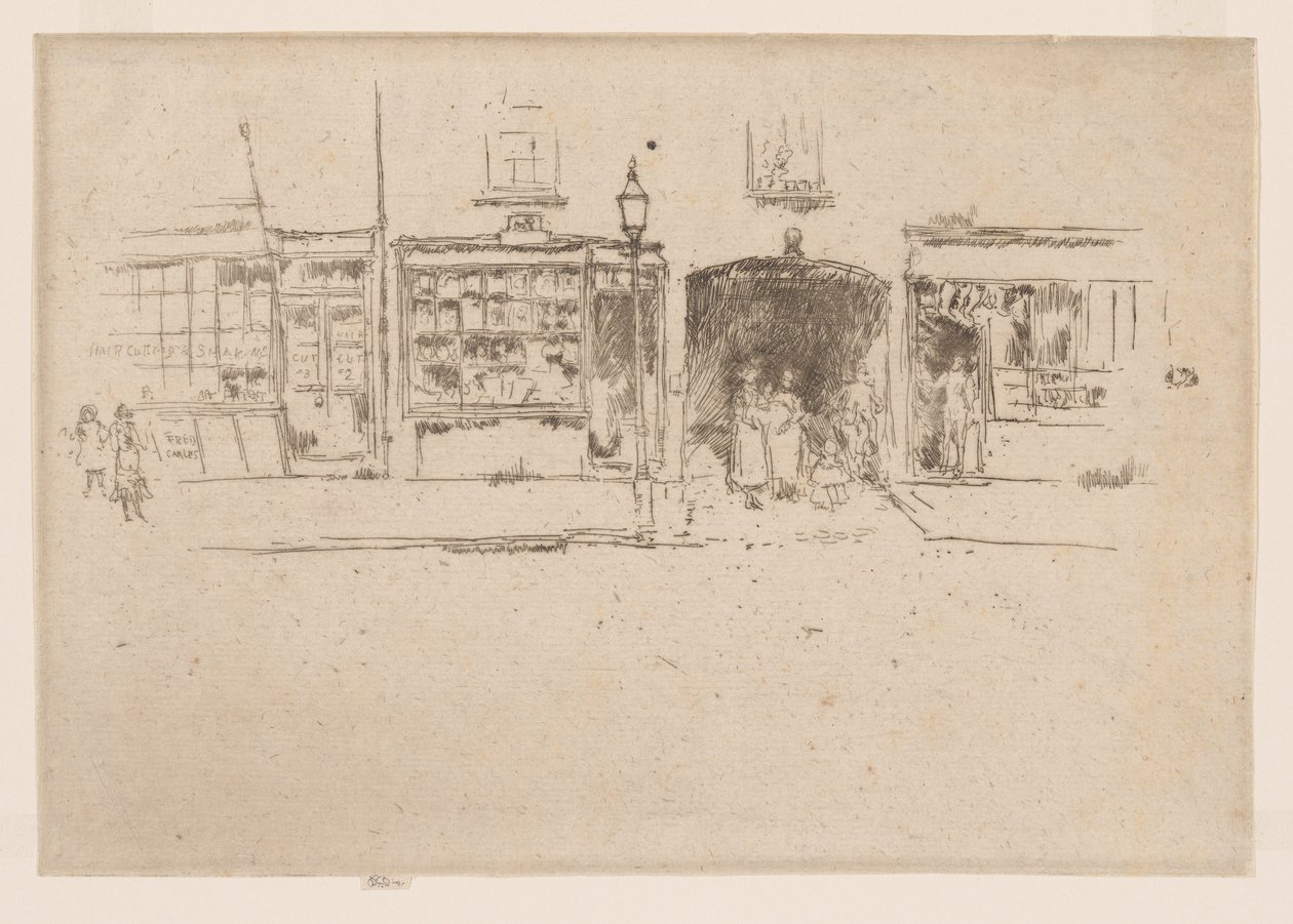 Holičství, Chelsea, asi 1886-88 (lept; tuš na papíře) od James Abbott McNeill Whistler