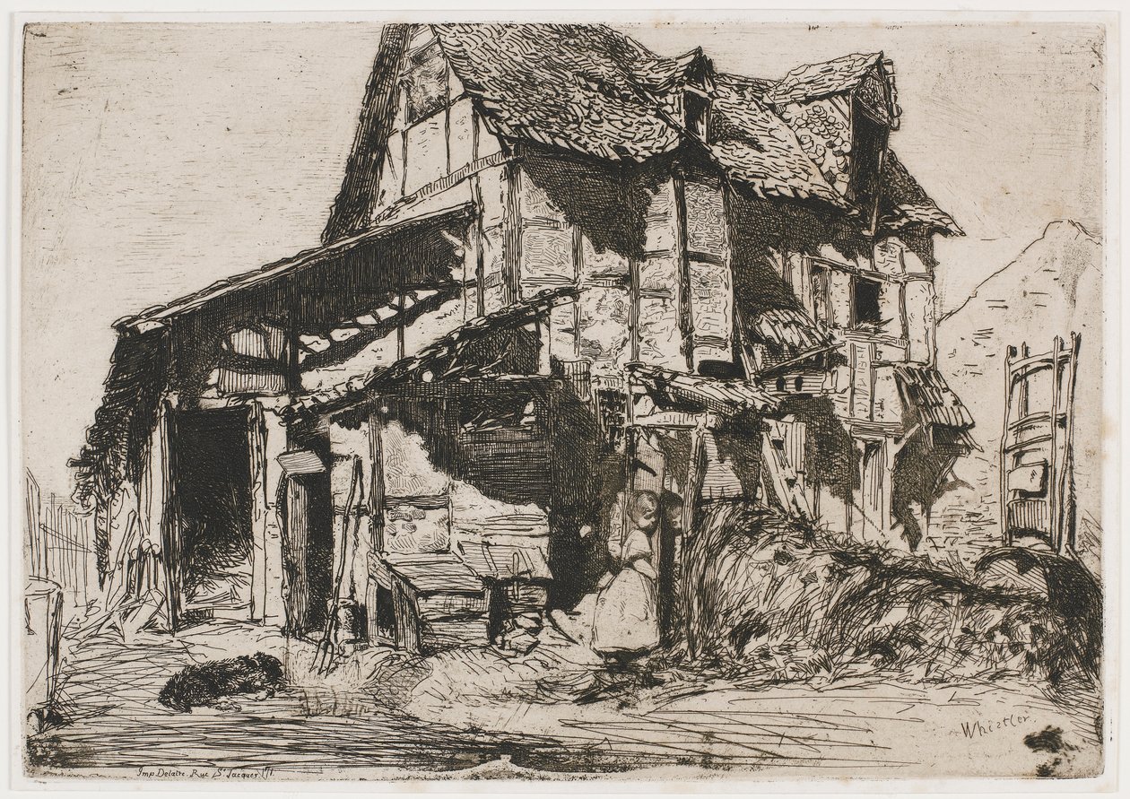 Nebezpečný činžák. Jeden z dvanácti leptů z přírody The French Set, 1858. od James Abbott McNeill Whistler